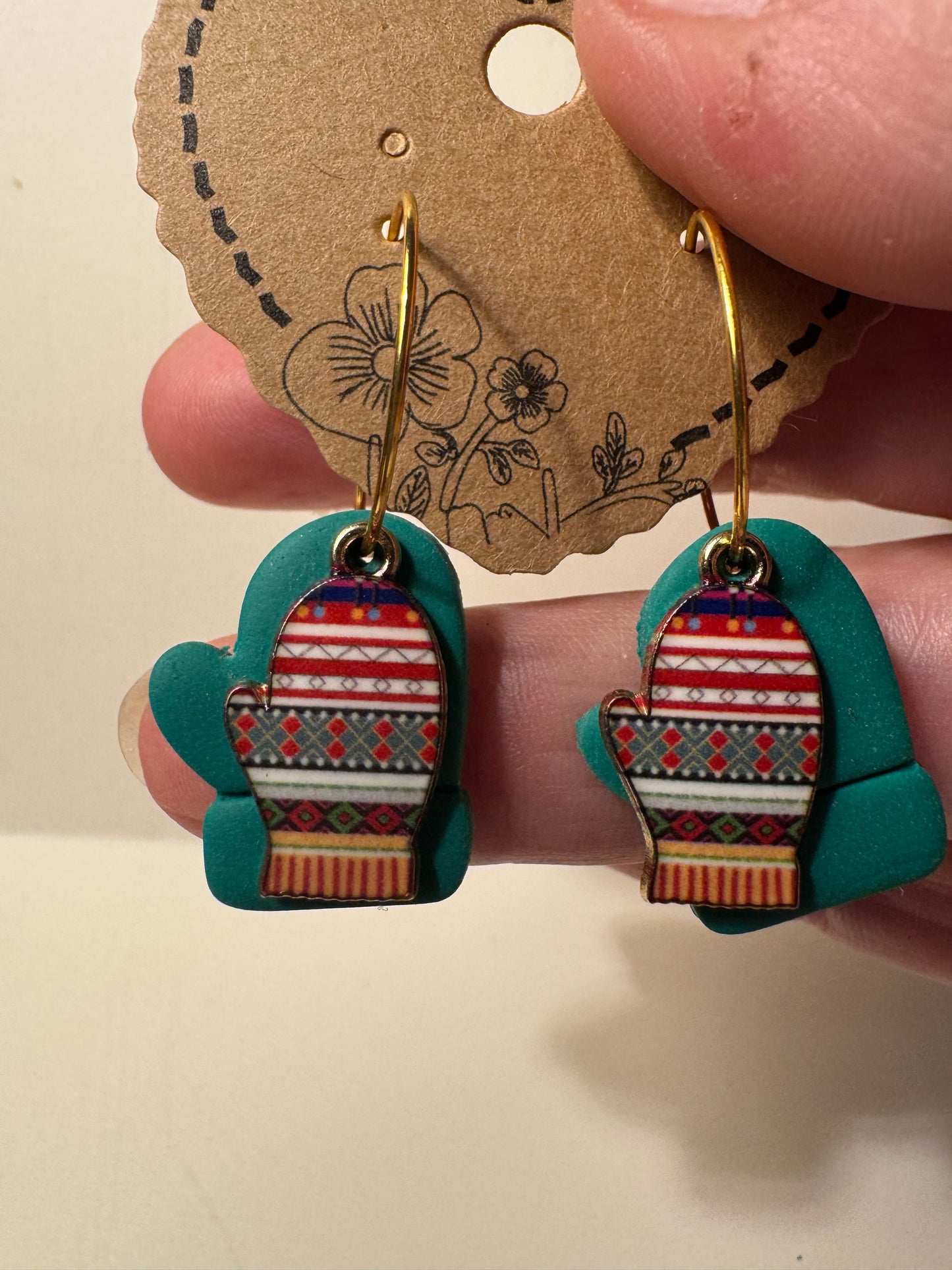 Colored Mitten with Enamel Mitten Charm Gold or Silver Hoops- Multiple Colors