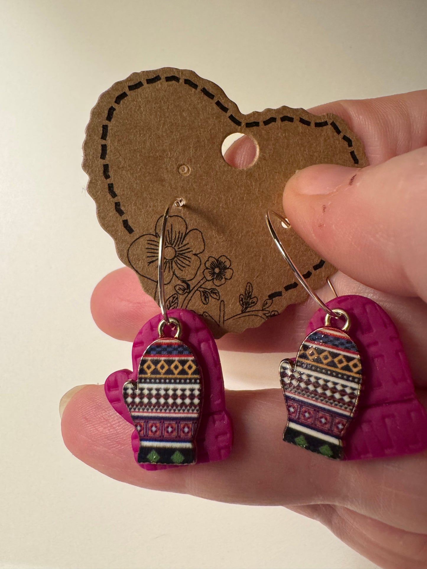 Colored Mitten with Enamel Mitten Charm Gold or Silver Hoops- Multiple Colors