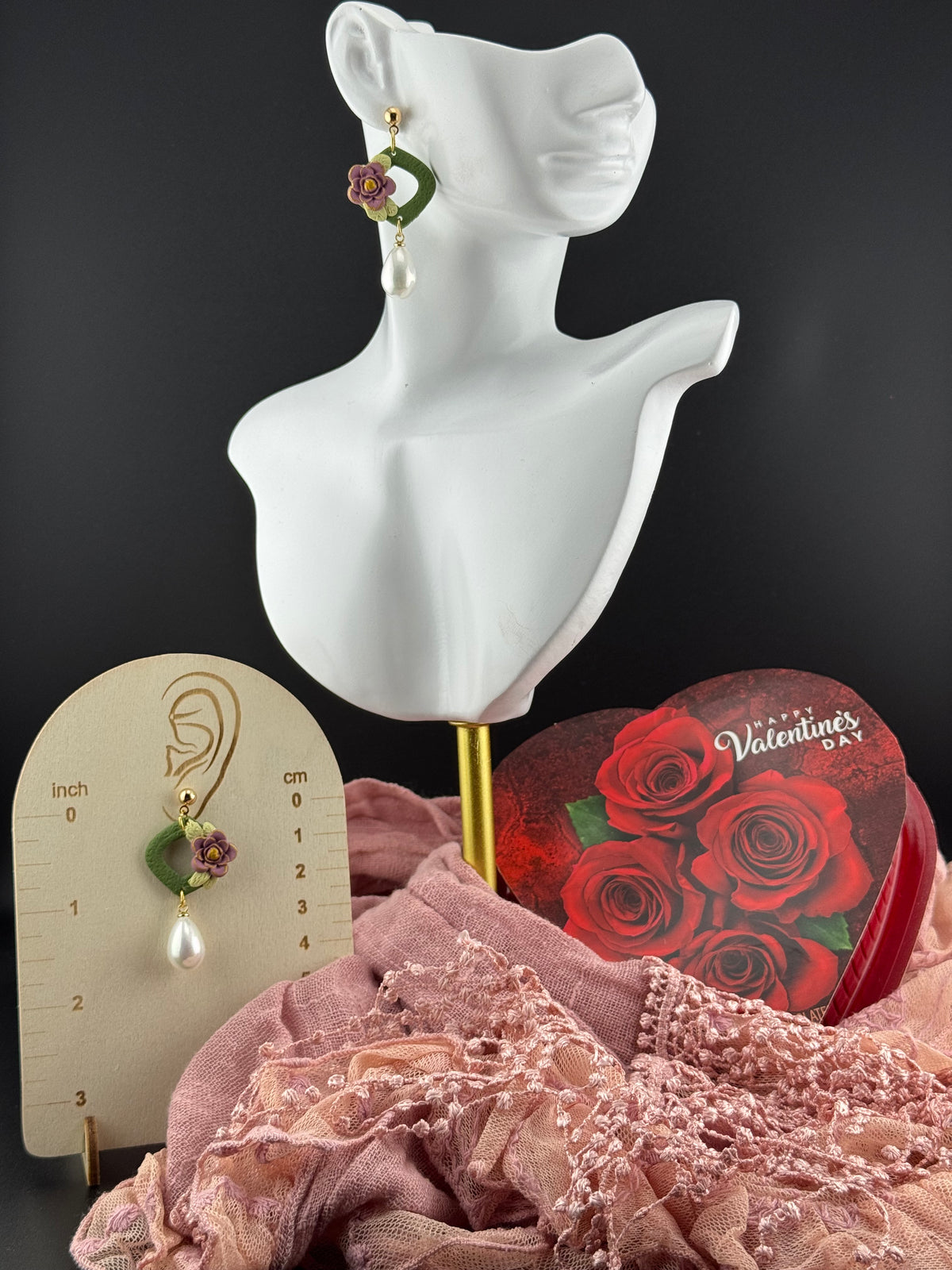 Diamond(Shaped) and Pearl Earring with  Hand-crafted Floral Accent