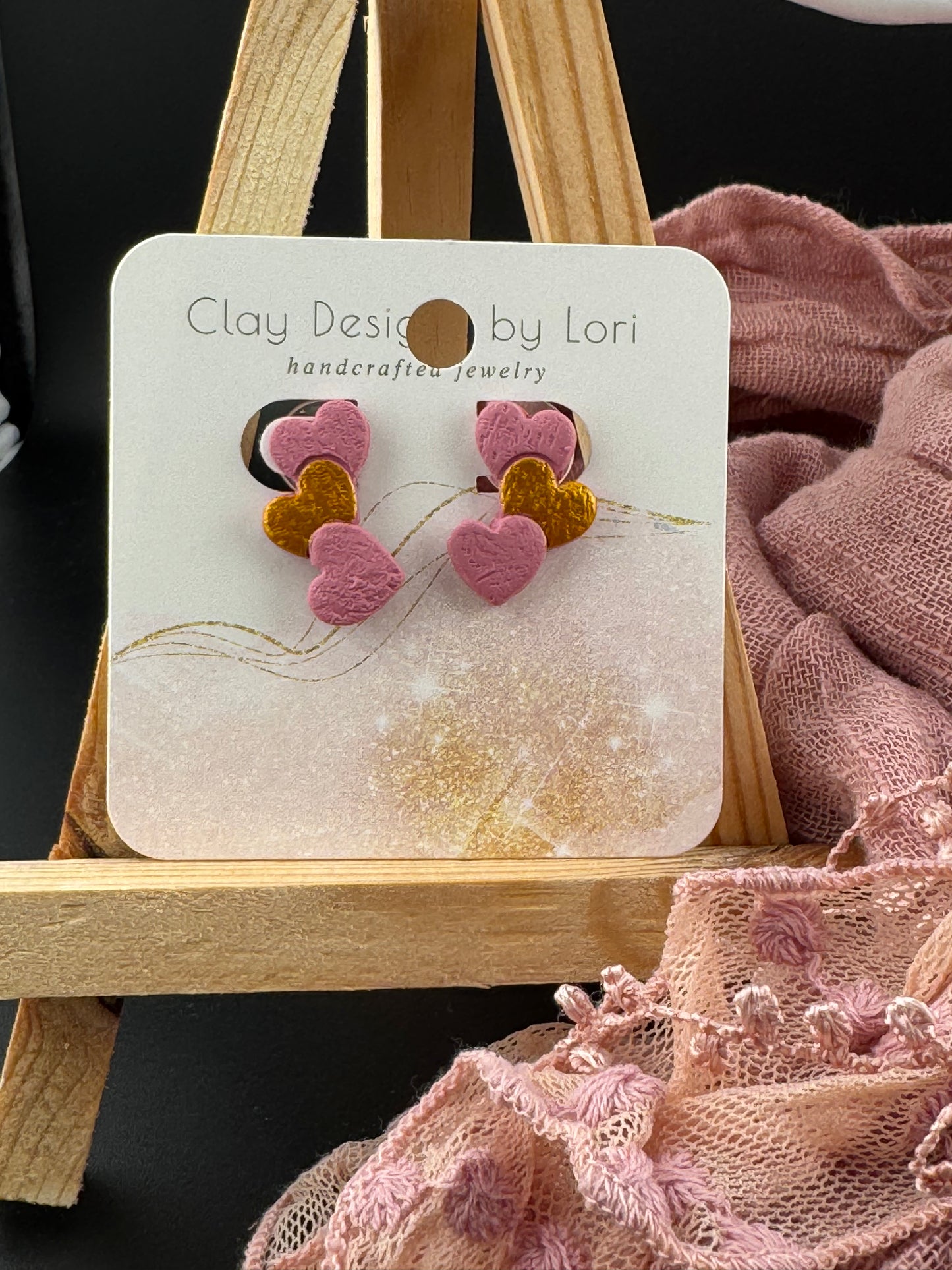 Small Trio of Pink and Gold or Pink and Silver Hearts with Hypoallergenic gold or silver posts