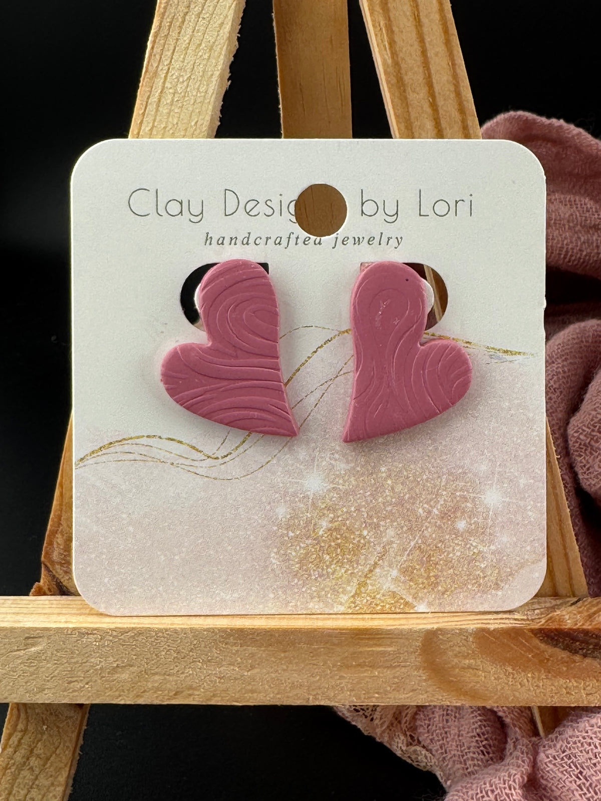 Boho Pink heart studs with Swirl Pattern and Hypoallergenic post and back