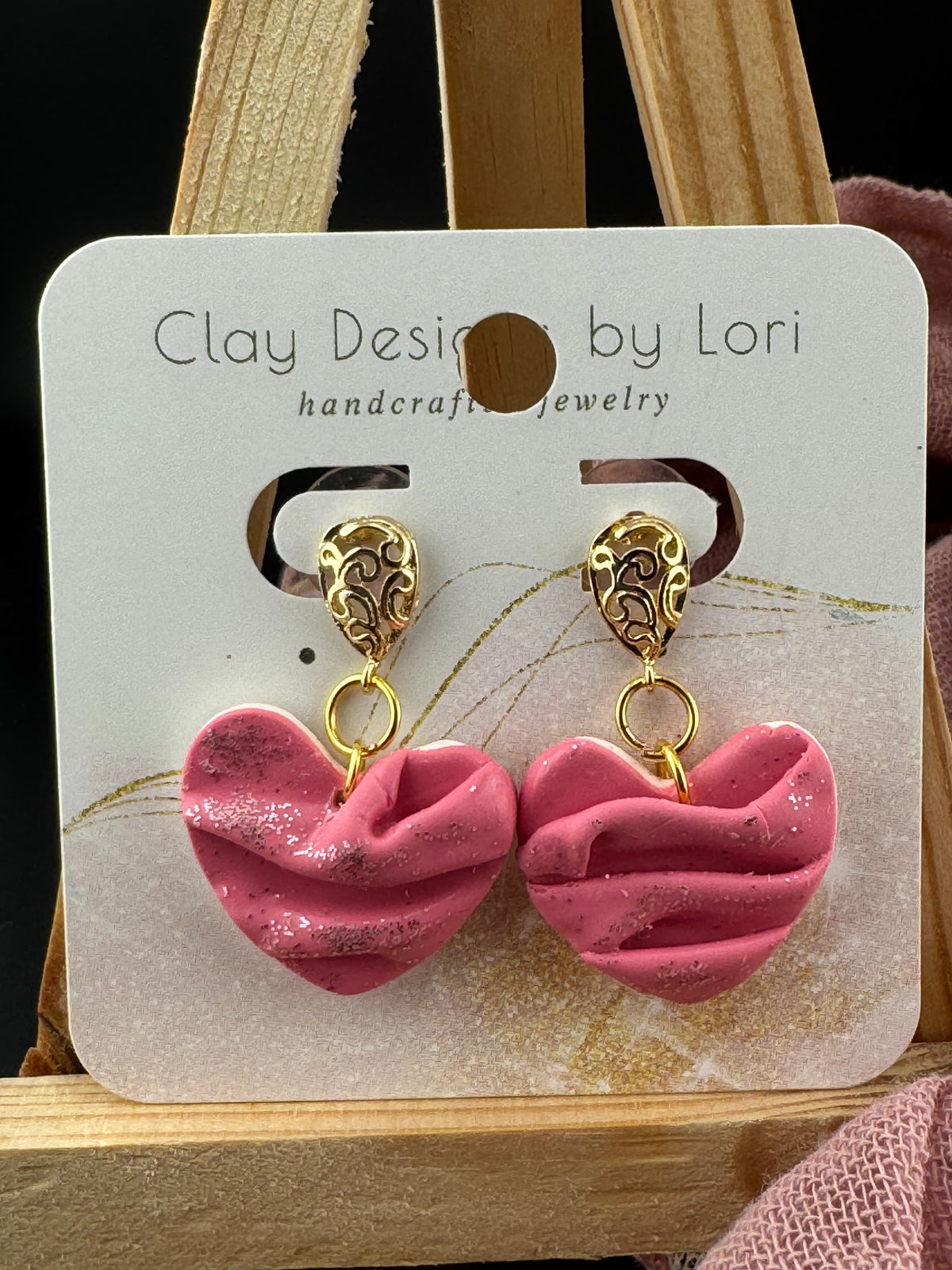 Pink Silk Drape Polymer Clay earrings with Gold Filigree Posts