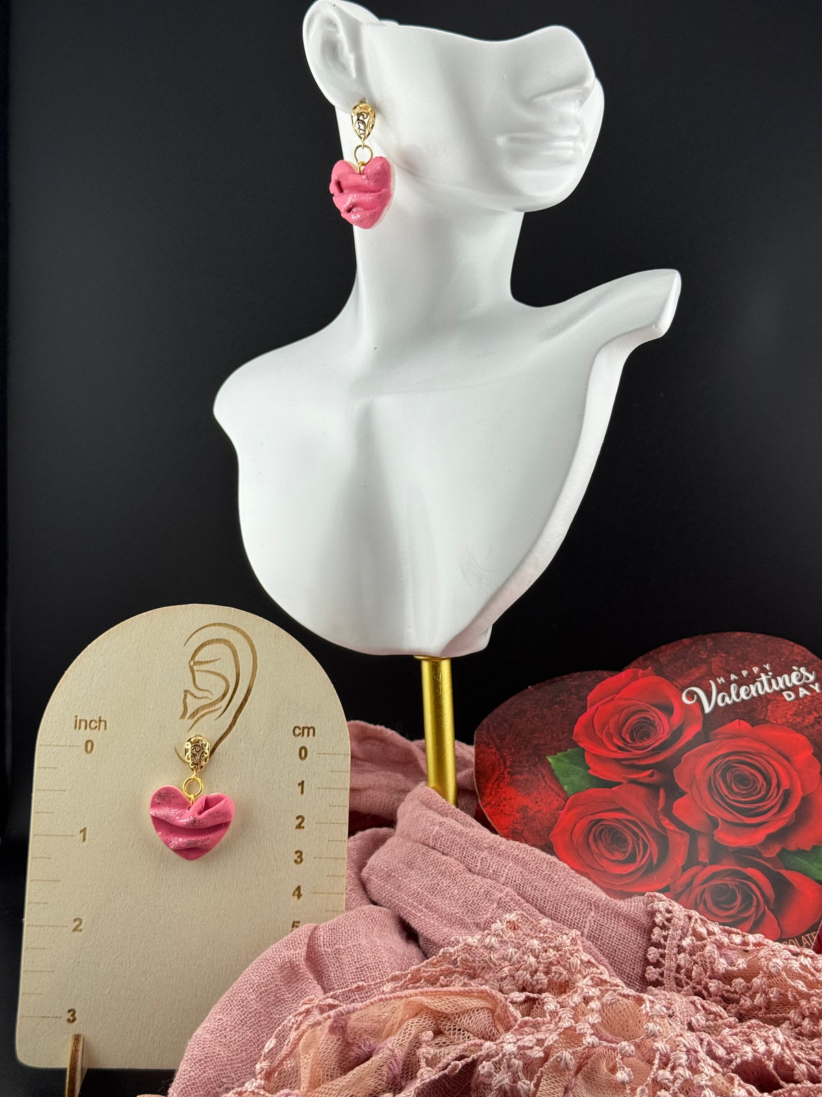 Pink Silk Drape Polymer Clay earrings with Gold Filigree Posts