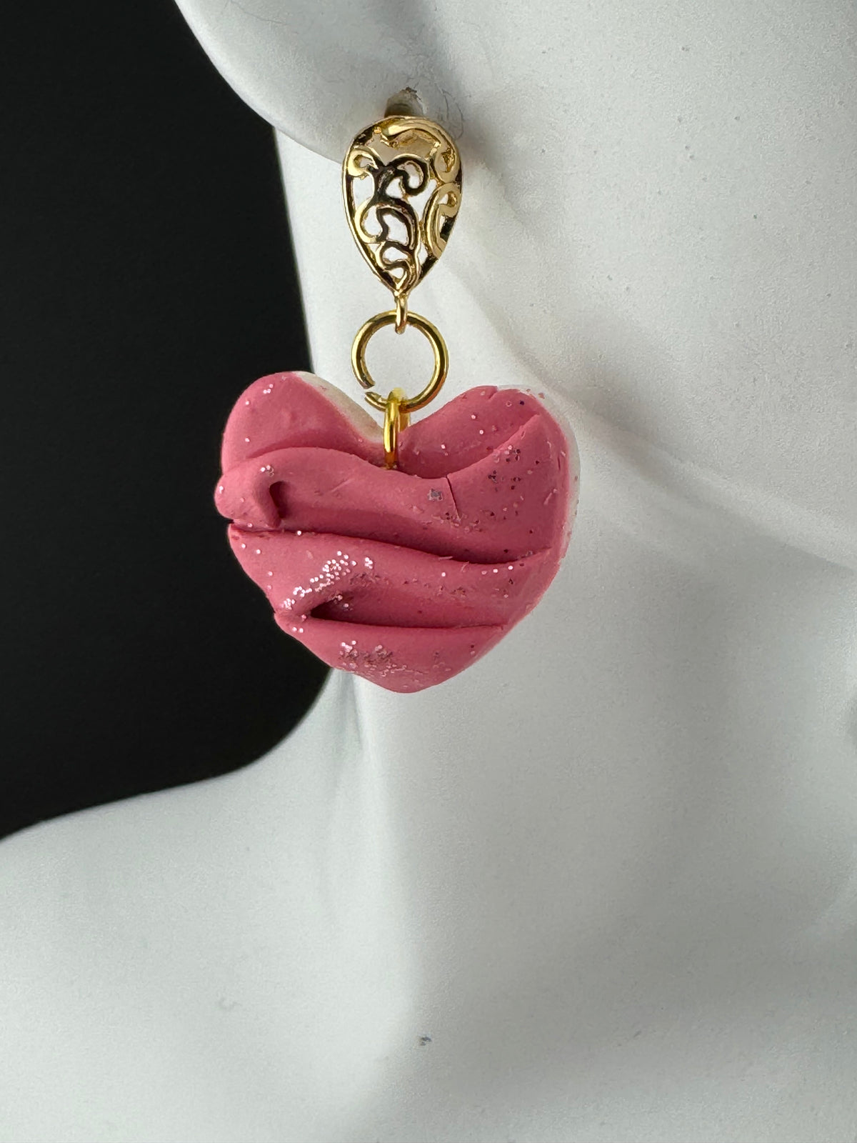 Pink Silk Drape Polymer Clay earrings with Gold Filigree Posts