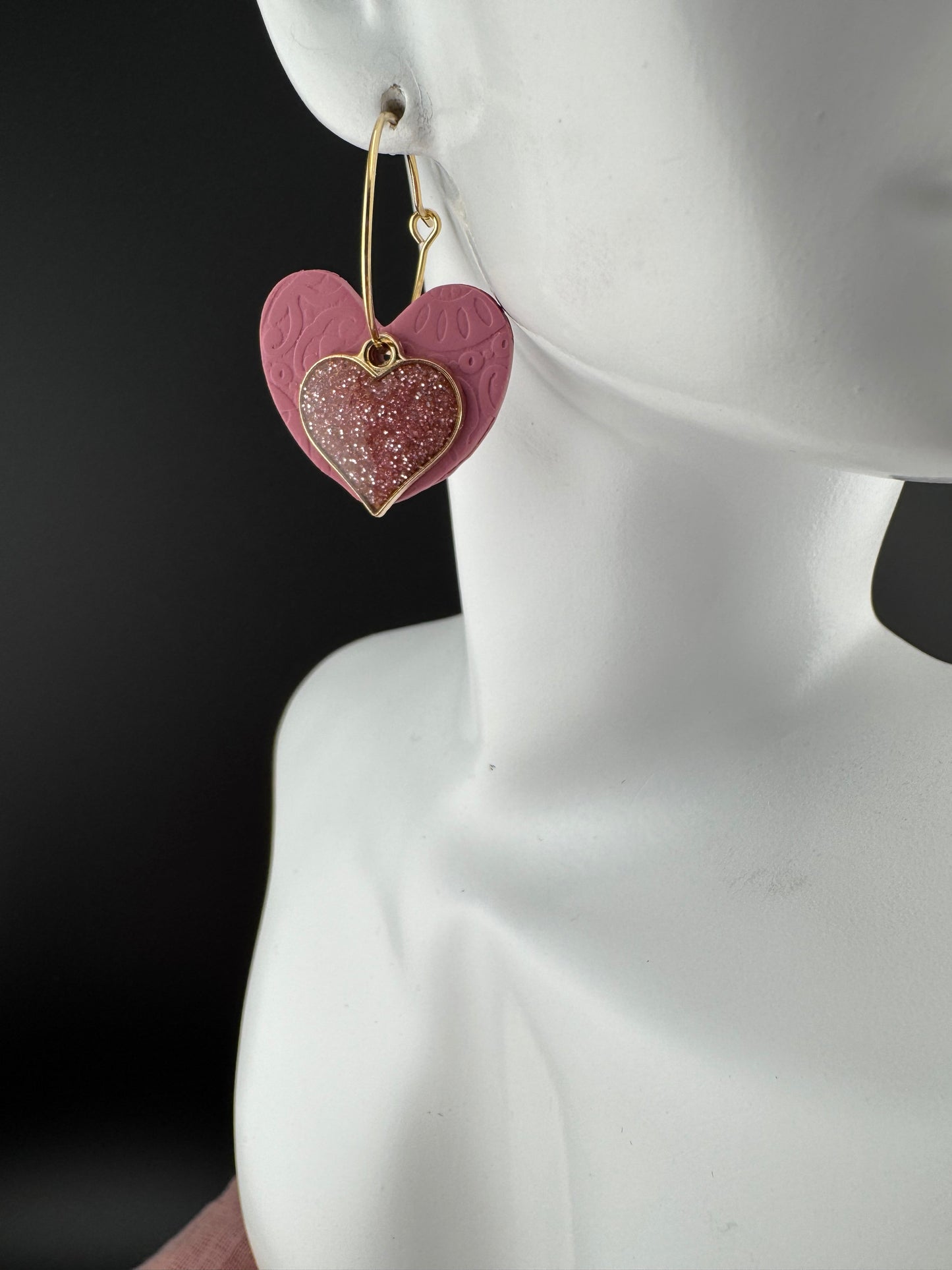 Pink Heart with Pink Glitter Charm Hoop Earrings