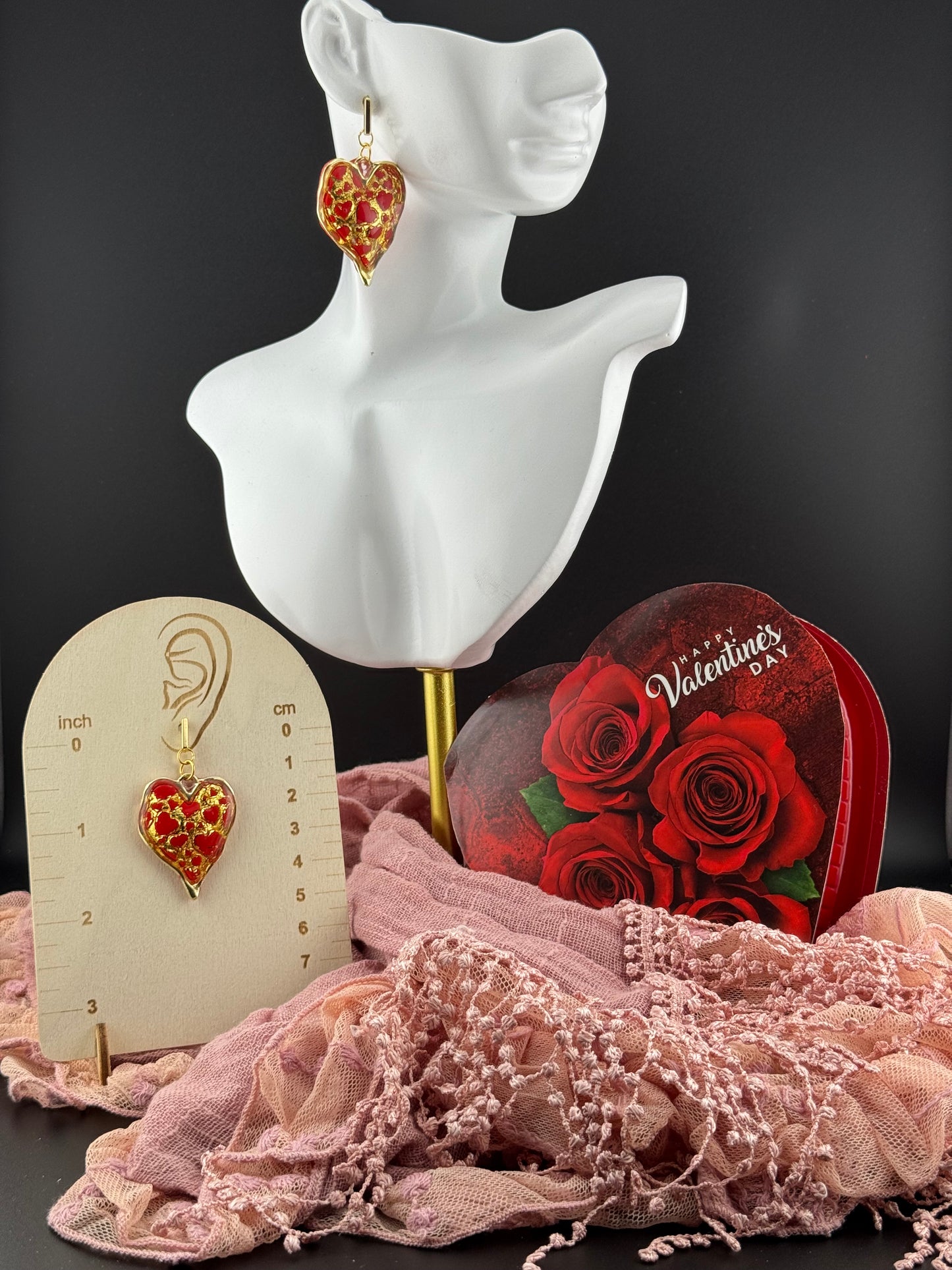 Red Gold or Silver Bezel Heart Earrings