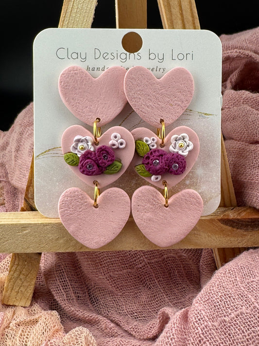 Sweet Pink Triple Heart Earrings with Hand-crafted Flowers