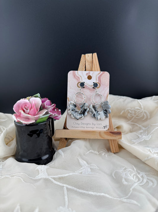 Silver, Black, and White Marbled Scalloped Fan Earring with Silver Accents