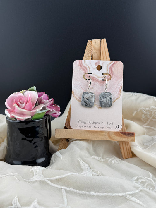 Silver, Black, and White Marbled Bezel Earring with Silver Accents