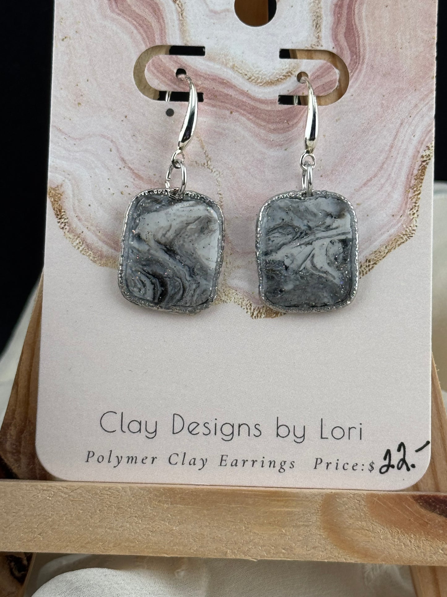 Silver, Black, and White Marbled Bezel Earring with Silver Accents