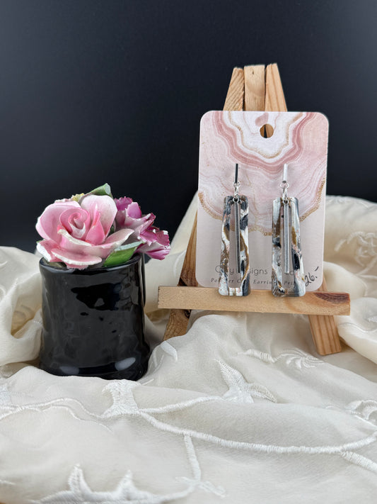 Neutral Black, Brown, and White Marble Drop Earrings with Silver Bar Accents and Bar posts