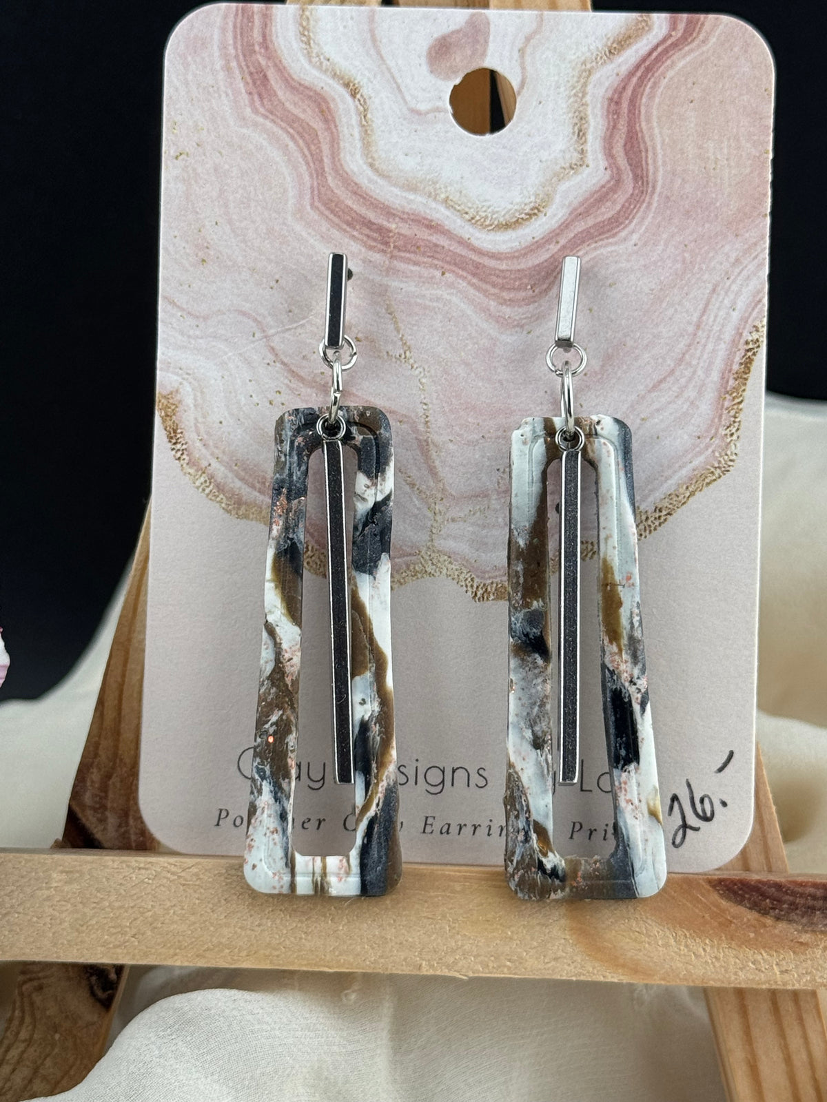 Neutral Black, Brown, and White Marble Drop Earrings with Silver Bar Accents and Bar posts