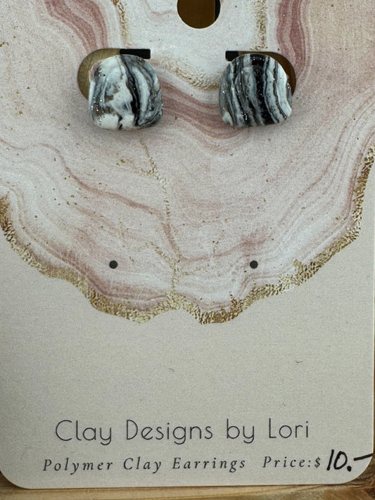 Silver, Black, and White Marbled Stud Earring in Three different Shapes