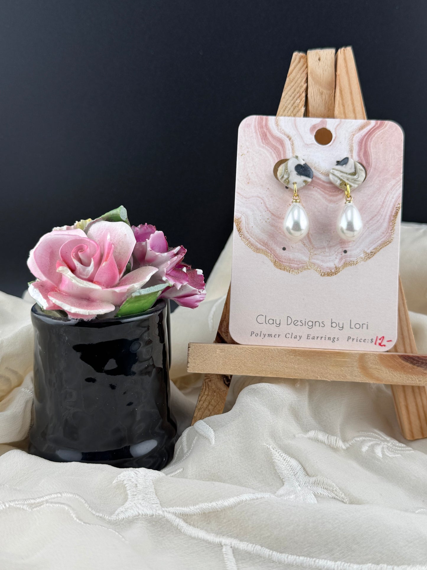 Gold, Steele Grey, and White Marble Dangle Earring with Delicate Pearl Accent