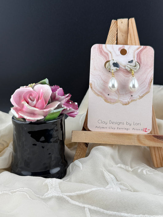 Gold, Steele Grey, and White Marble Dangle Earring with Delicate Pearl Accent