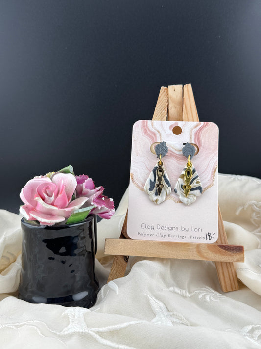 Steampunk Gold, Steel Grey, and White Marble Dangle Earring with Gold Clock Hand Accent