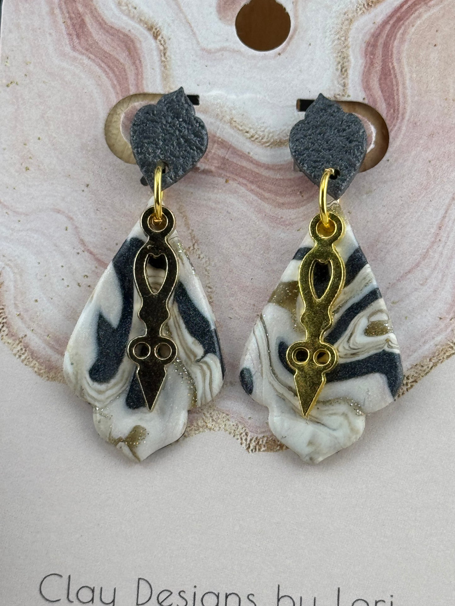 Steampunk Gold, Steel Grey, and White Marble Dangle Earring with Gold Clock Hand Accent