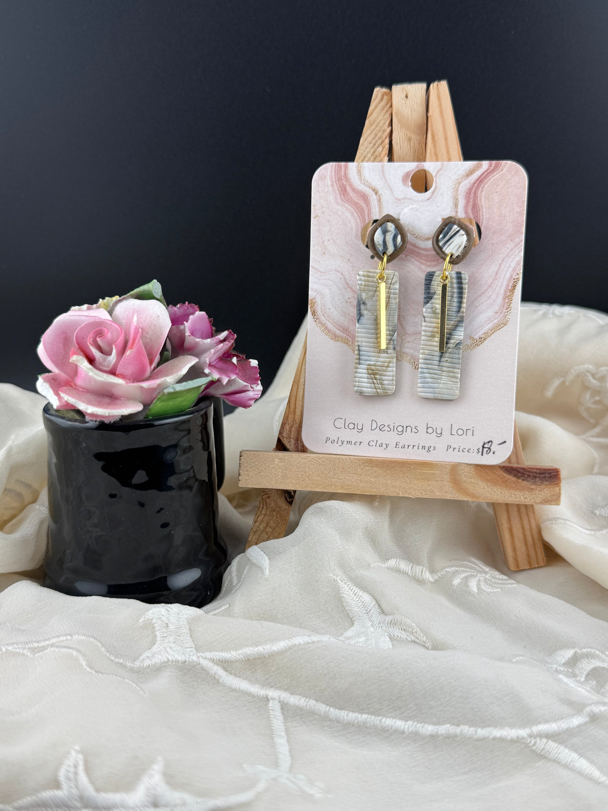 Neutral Black, Brown, and White Marble Drop Earrings with Gold Bar Accents