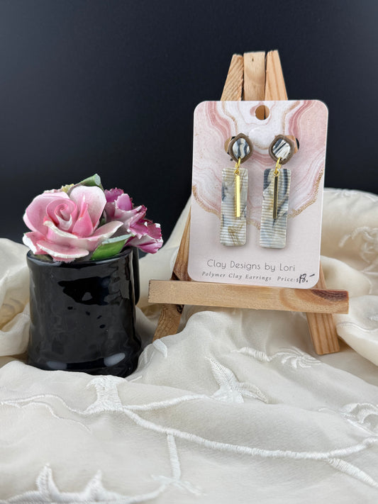 Neutral Black, Brown, and White Marble Drop Earrings with Gold Bar Accents