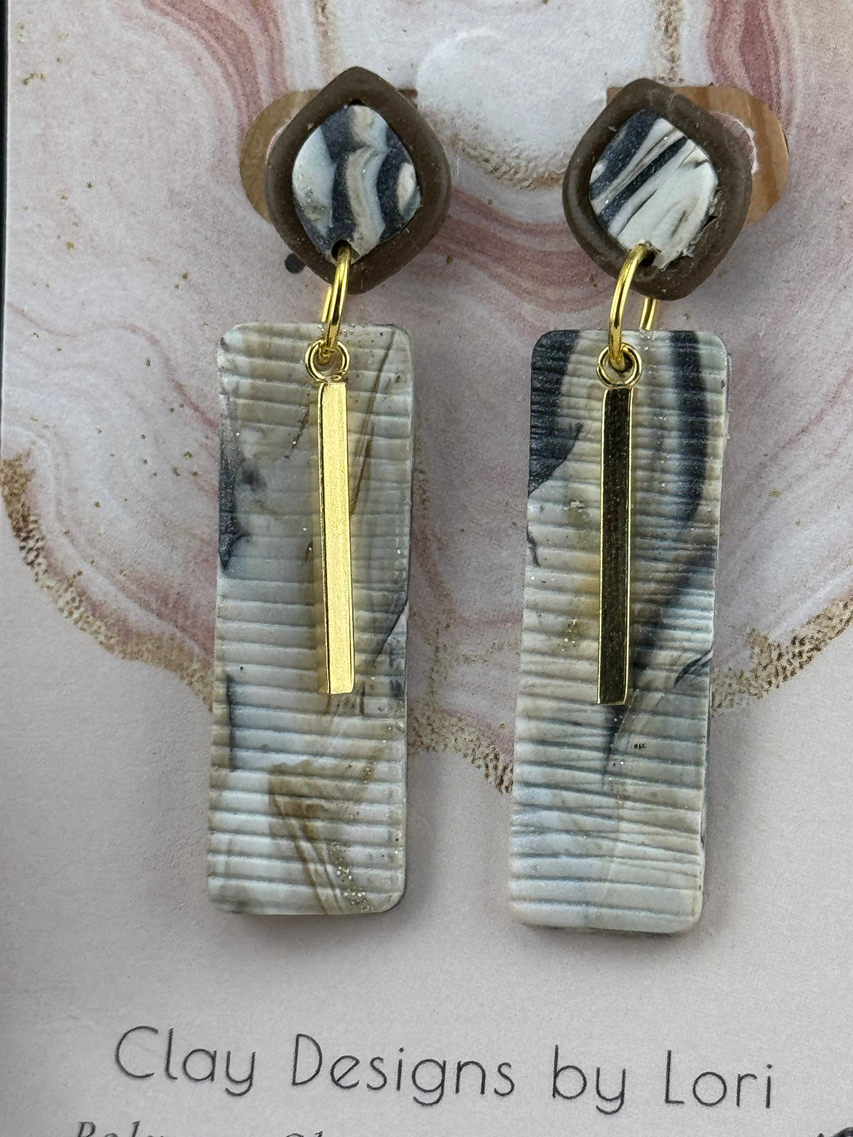 Neutral Black, Brown, and White Marble Drop Earrings with Gold Bar Accents