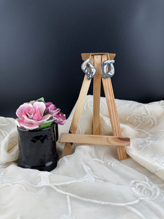 Neutral Black, Brown, and White Marble Geometric Dangle Earring with Gold Hoop