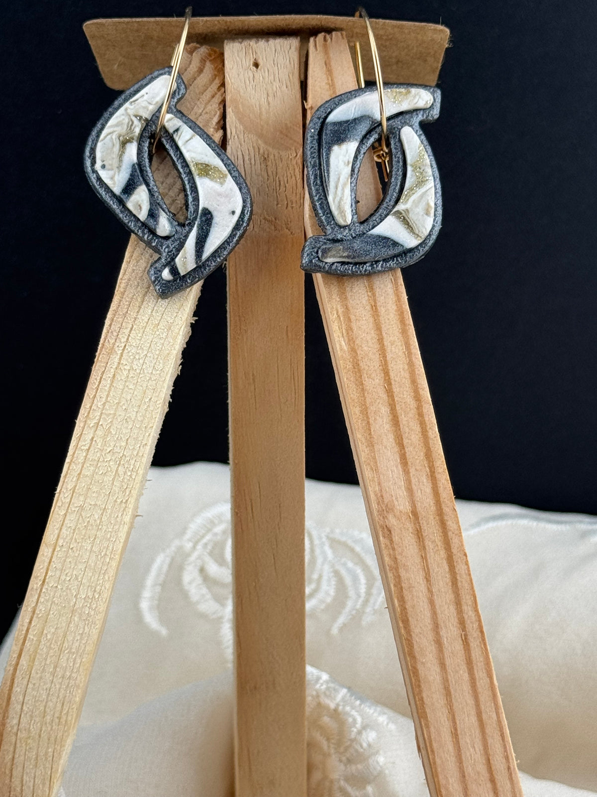 Neutral Black, Brown, and White Marble Geometric Dangle Earring with Gold Hoop