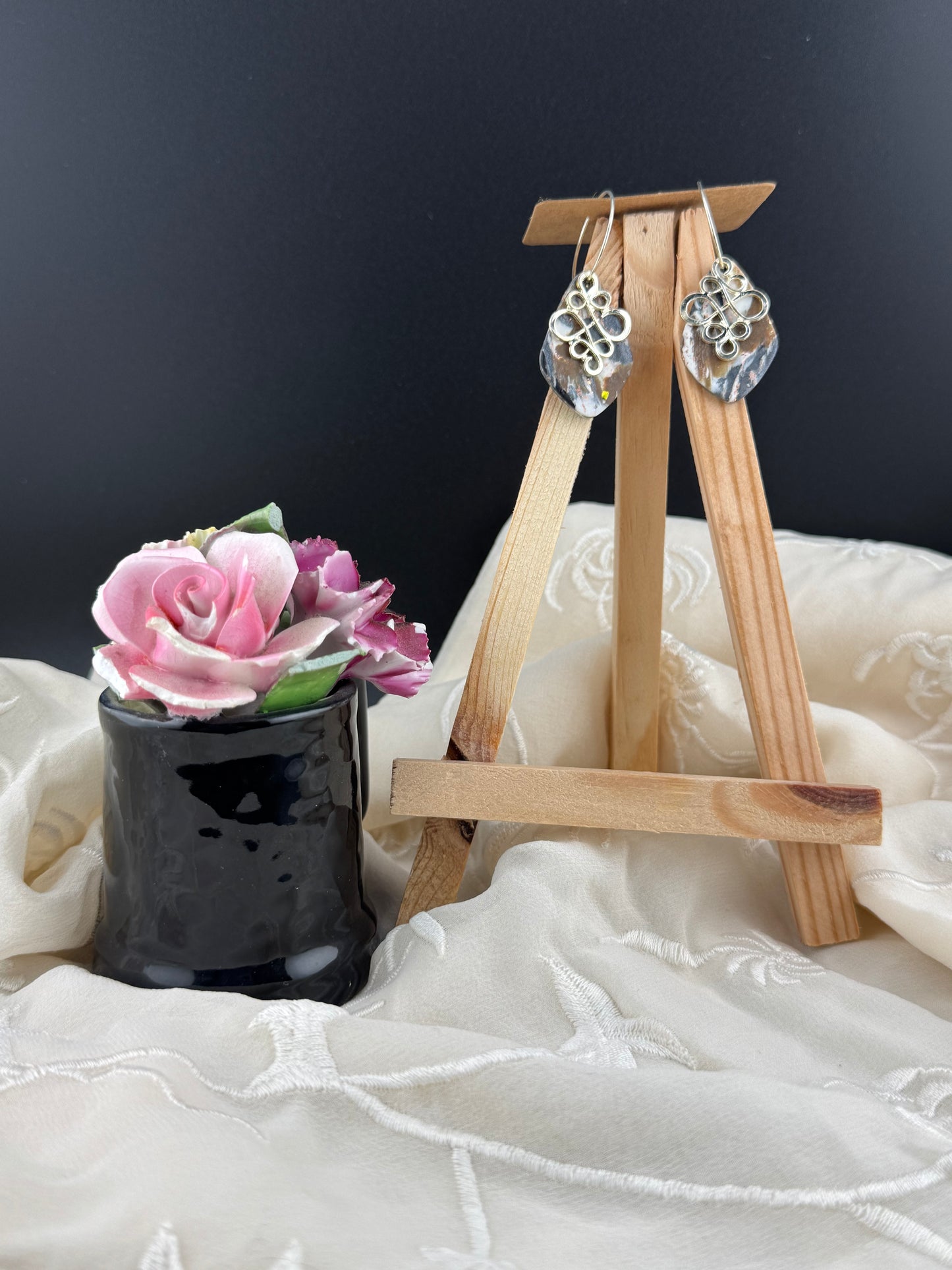 Neutral Black, Brown, and White Marble Teardrop Dangle Earring with Silver Filigree and Hoops