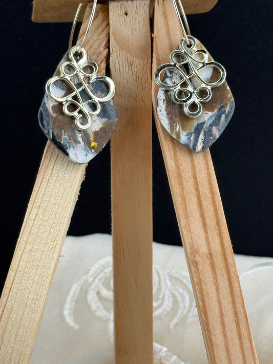 Neutral Black, Brown, and White Marble Teardrop Dangle Earring with Silver Filigree and Hoops