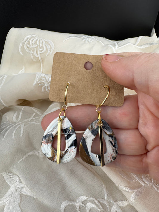Neutral Black, Brown, and White Marble Teardrop Dangle Earring with Gold Bar and Hoops
