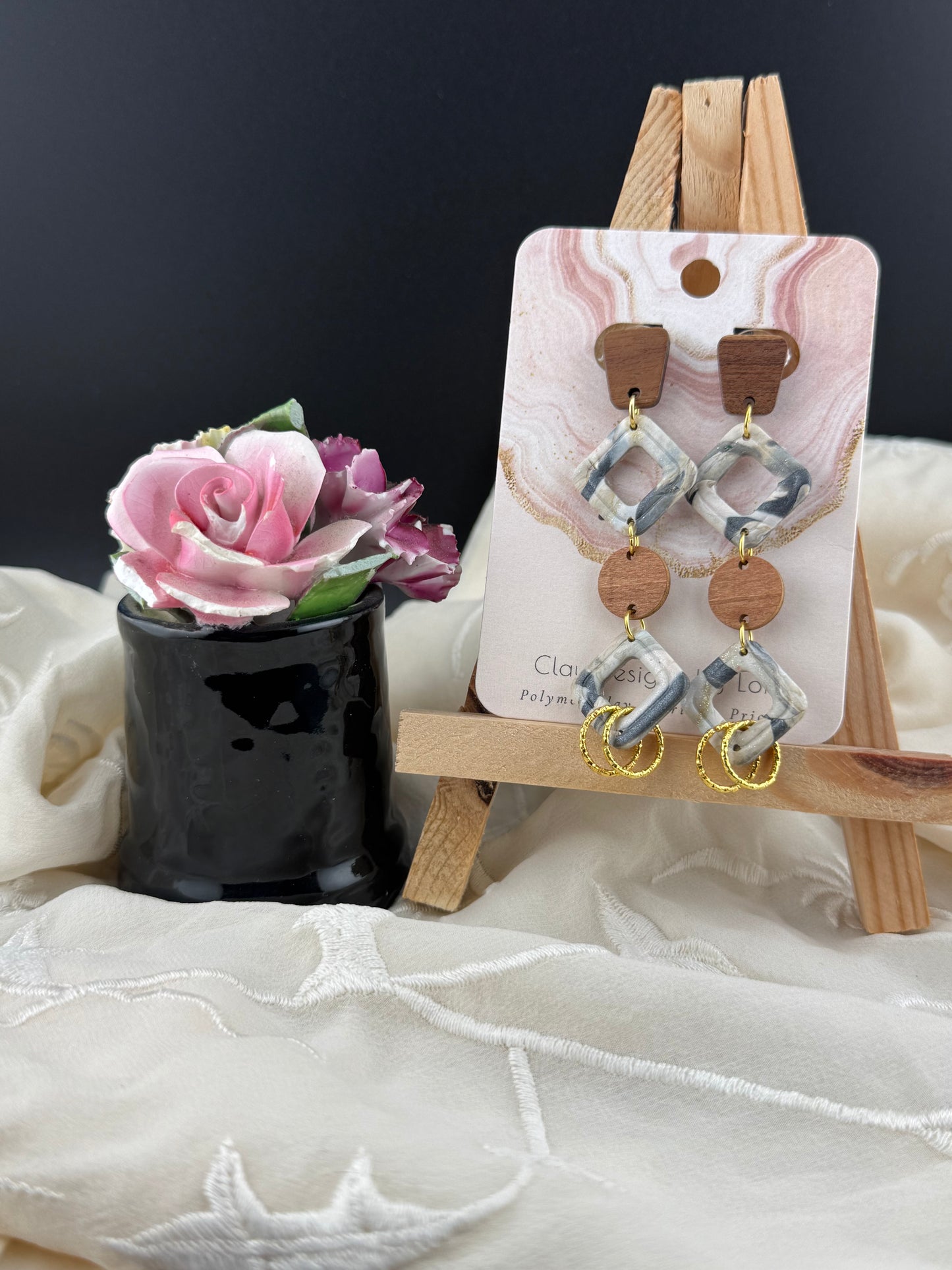 Gold, Steel Grey, and White Marble Dangle Earring with Wood and Gold Accents