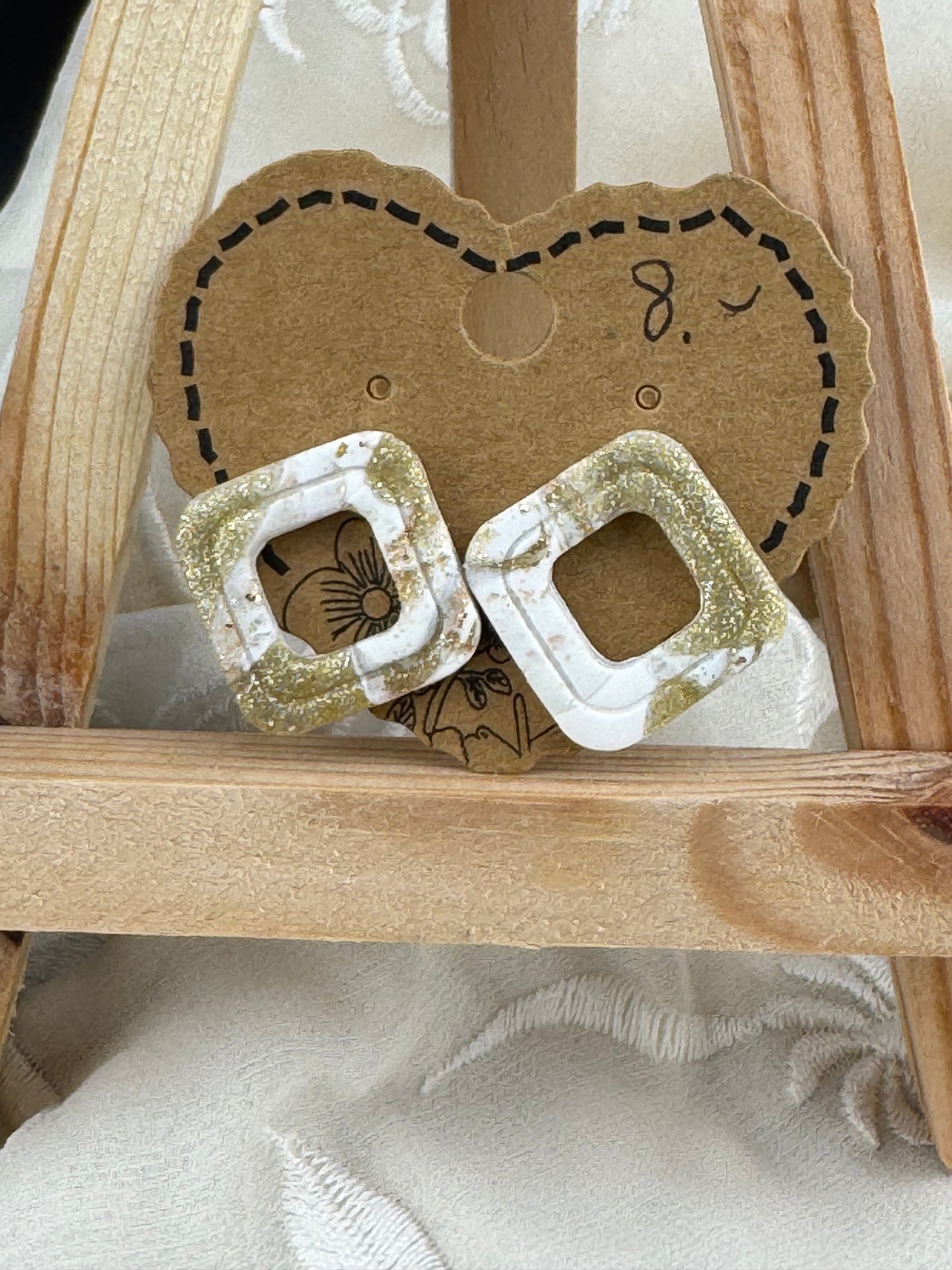 White and Gold Glitter Marbled Open-Squared Studs
