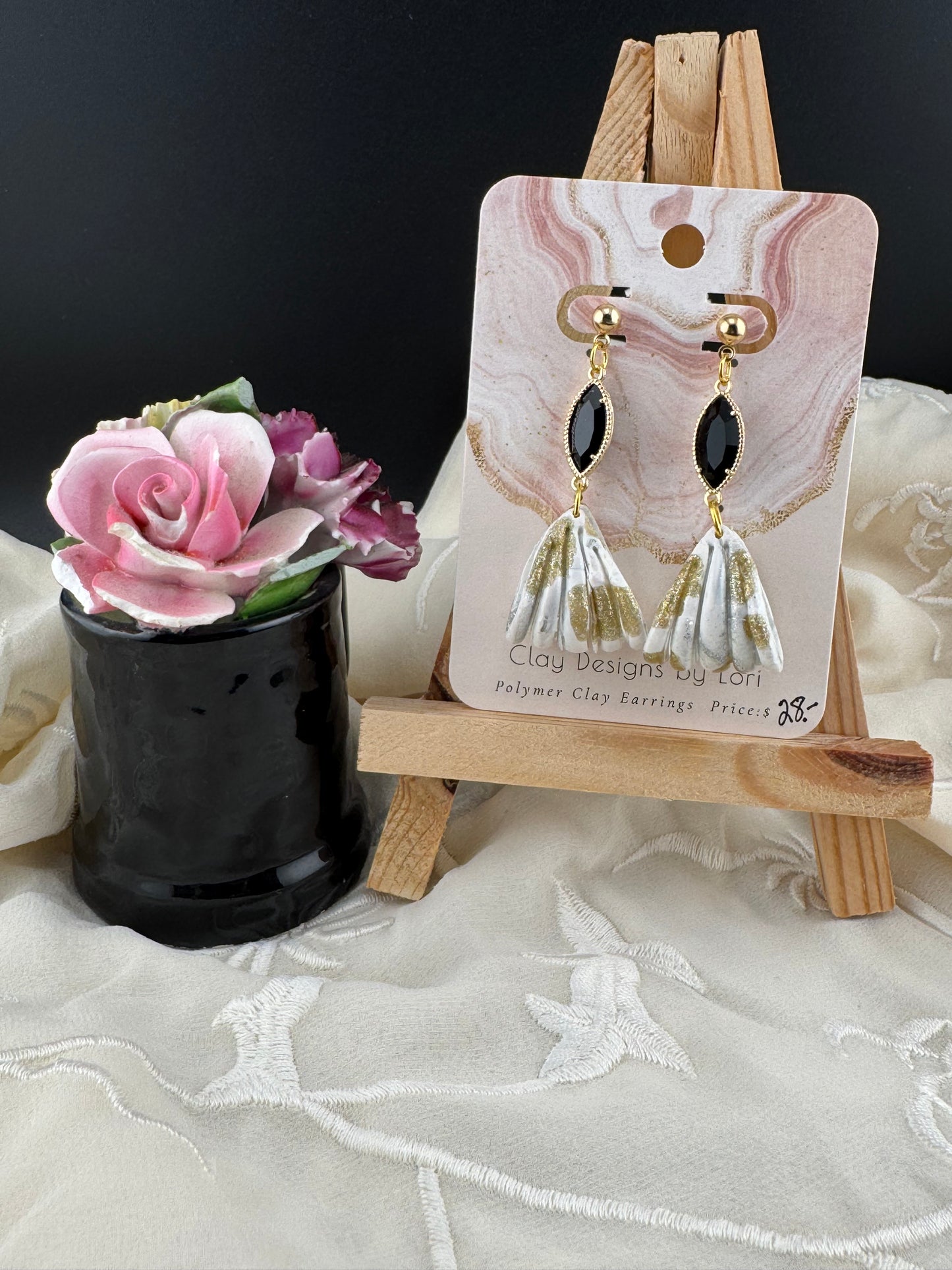 White and Gold Glitter Marbled Dangled Earrings with Black Accent and Gold Ball Posts