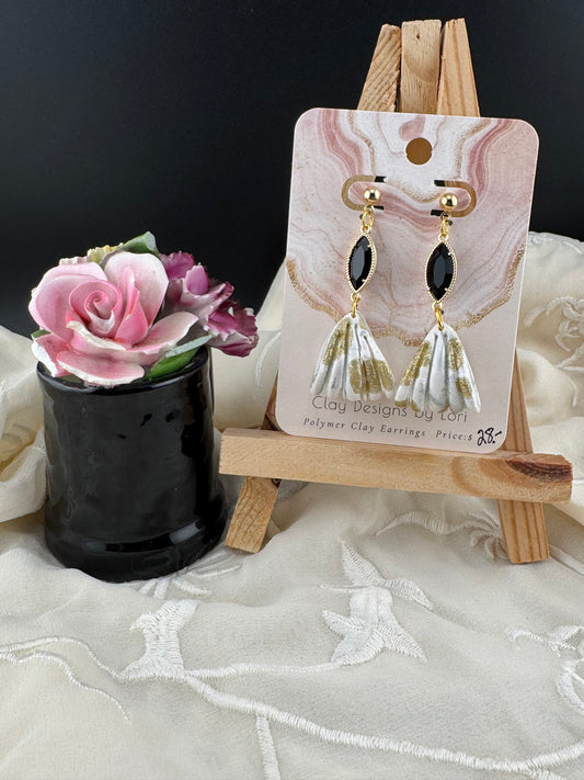 White and Gold Glitter Marbled Dangled Earrings with Black Accent and Gold Ball Posts