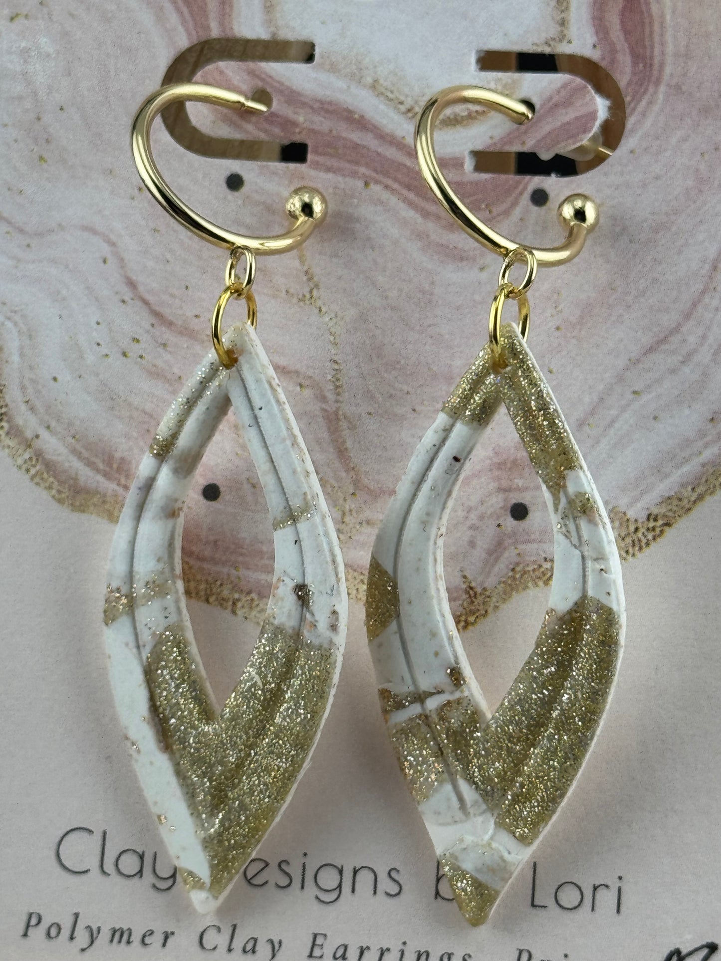 White and Gold Glitter Marbled Teardrop Earrings with Gold Half-Hoops