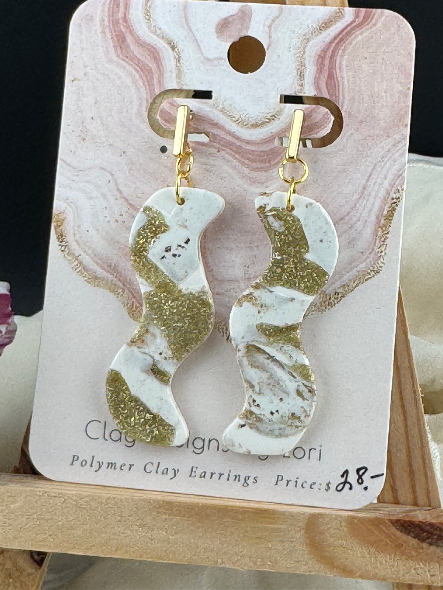 White and Gold Glitter Marbled Geometric Earrings with Gold Bar Posts