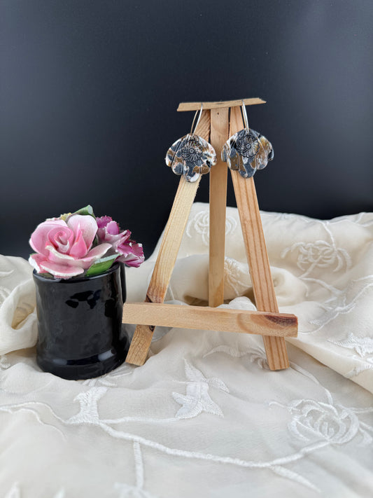 Neutral Black, Brown, and White Marble Fan Shaped Dangle Earring with Silver Daisy and Hoop