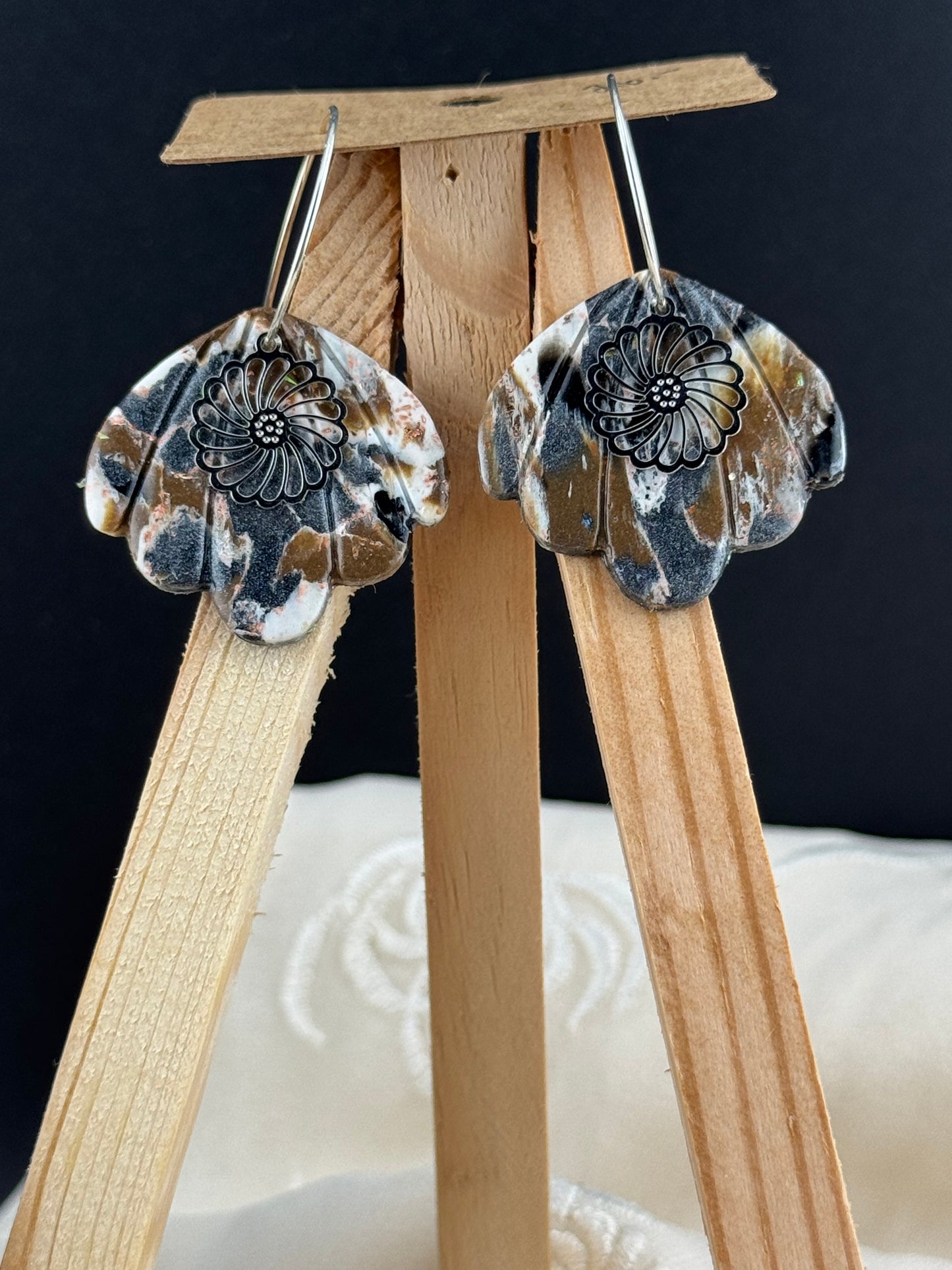 Neutral Black, Brown, and White Marble Fan Shaped Dangle Earring with Silver Daisy and Hoop