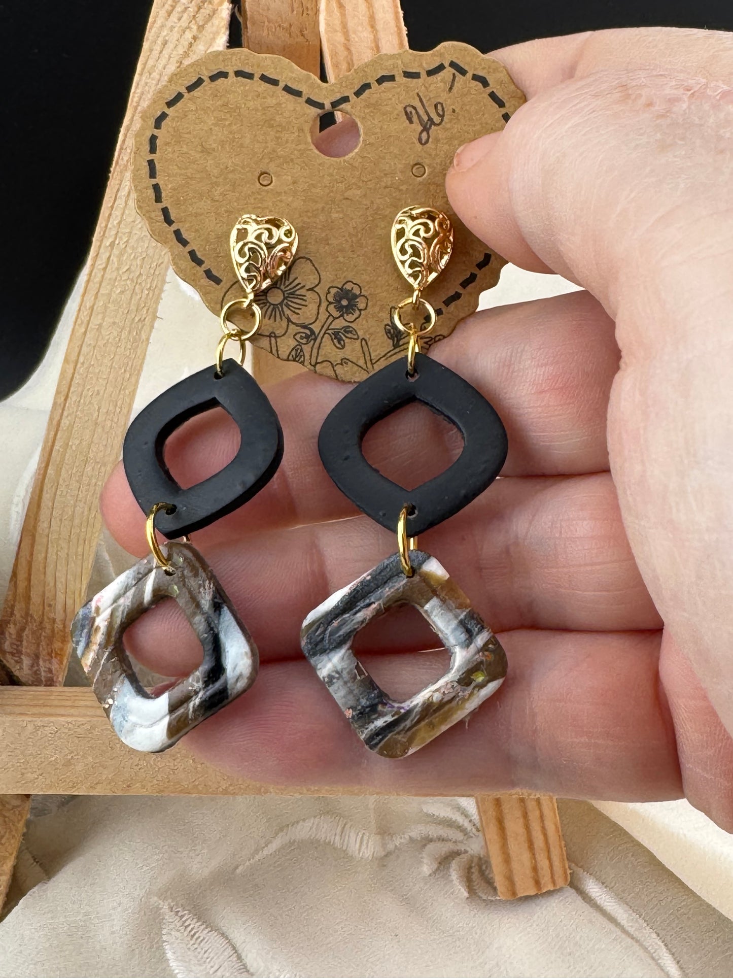 Neutral Black, Brown, and White Marble Drop Earring with Gold Filigree Post