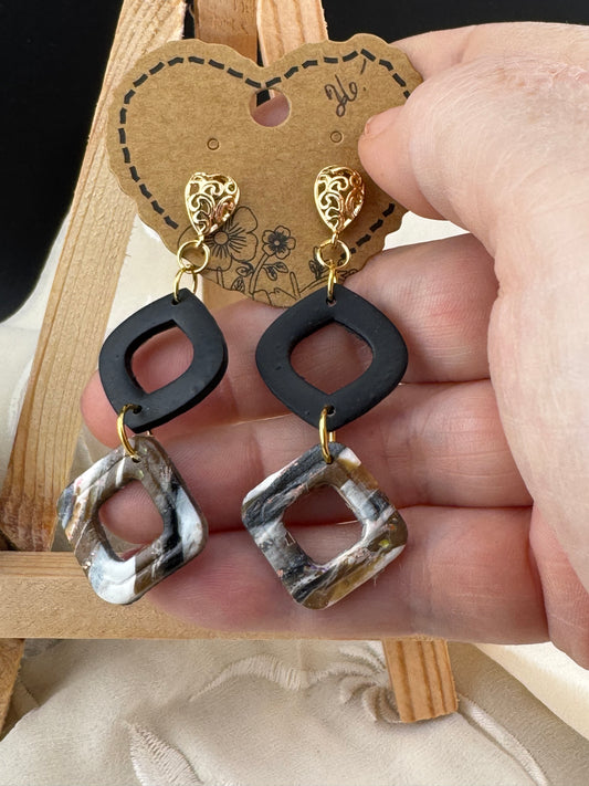 Neutral Black, Brown, and White Marble Drop Earring with Gold Filigree Post