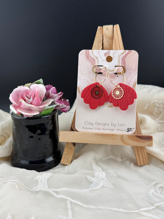 Orange Fan Shaped Earring with Gold Daisy charm and Gold Hoops