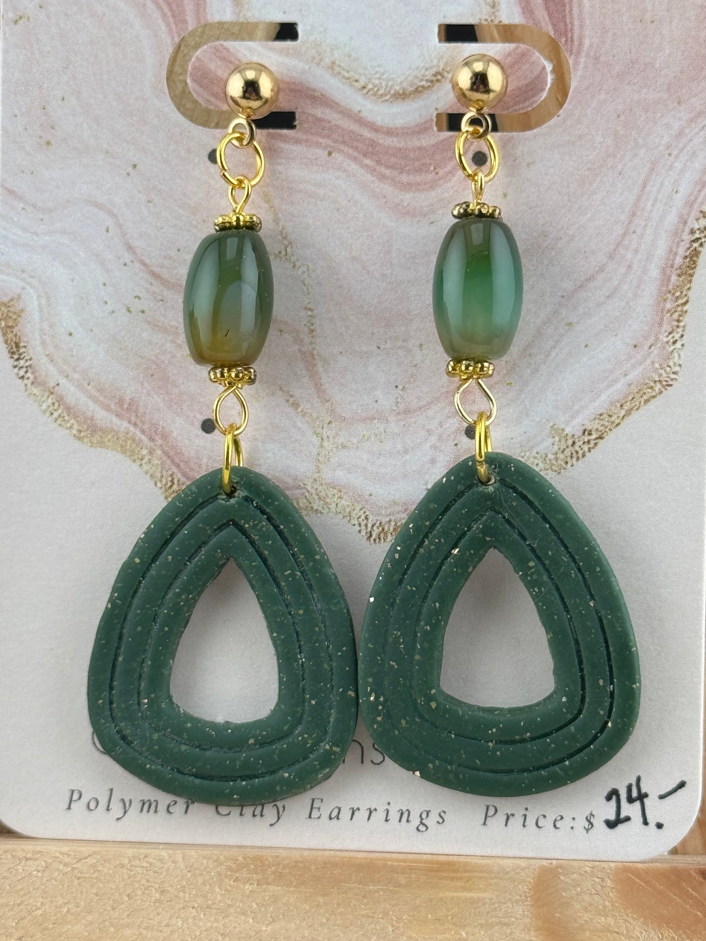 Emerald Green Teardrop Dangle Earring with Gold Ball posts and Green Stone accent
