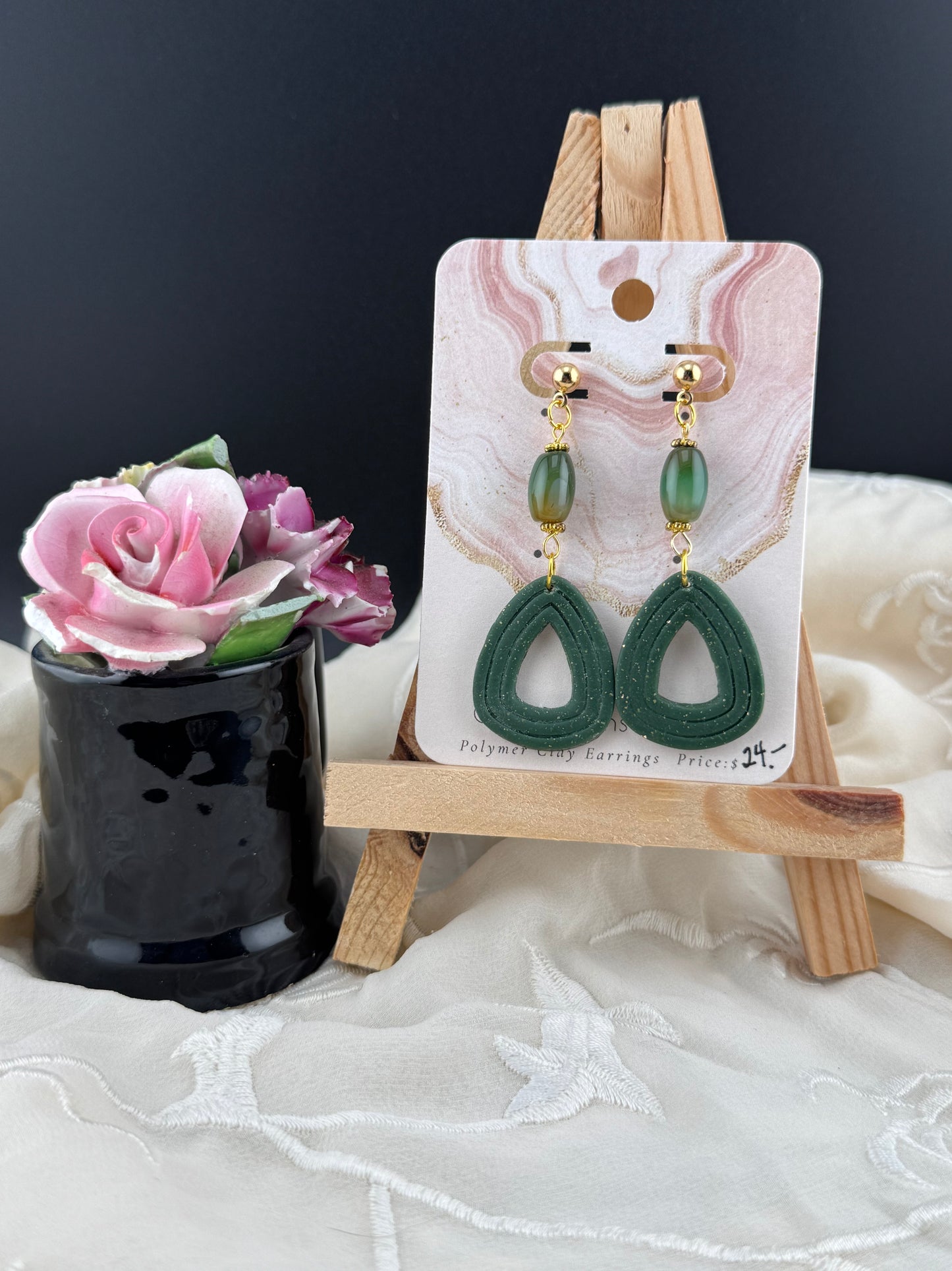 Emerald Green Teardrop Dangle Earring with Gold Ball posts and Green Stone accent