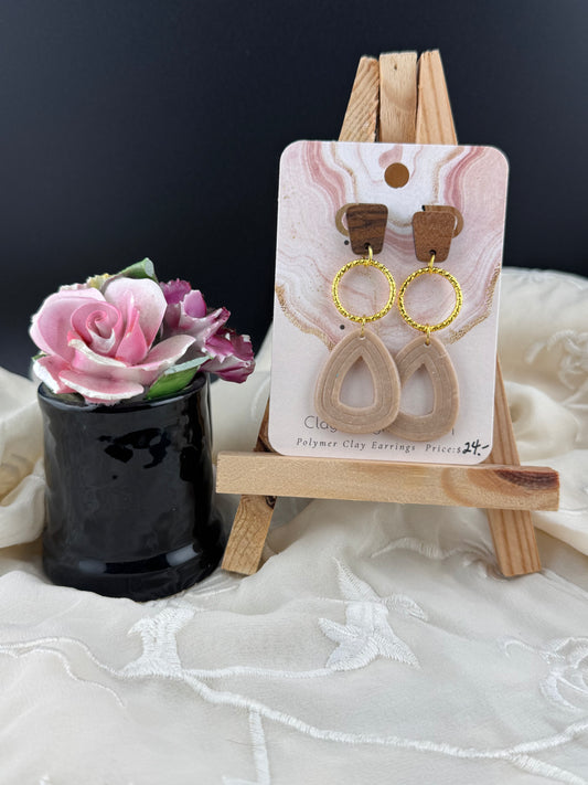 Neutral Teardrop Dangle Earring-Gold and Wood accents