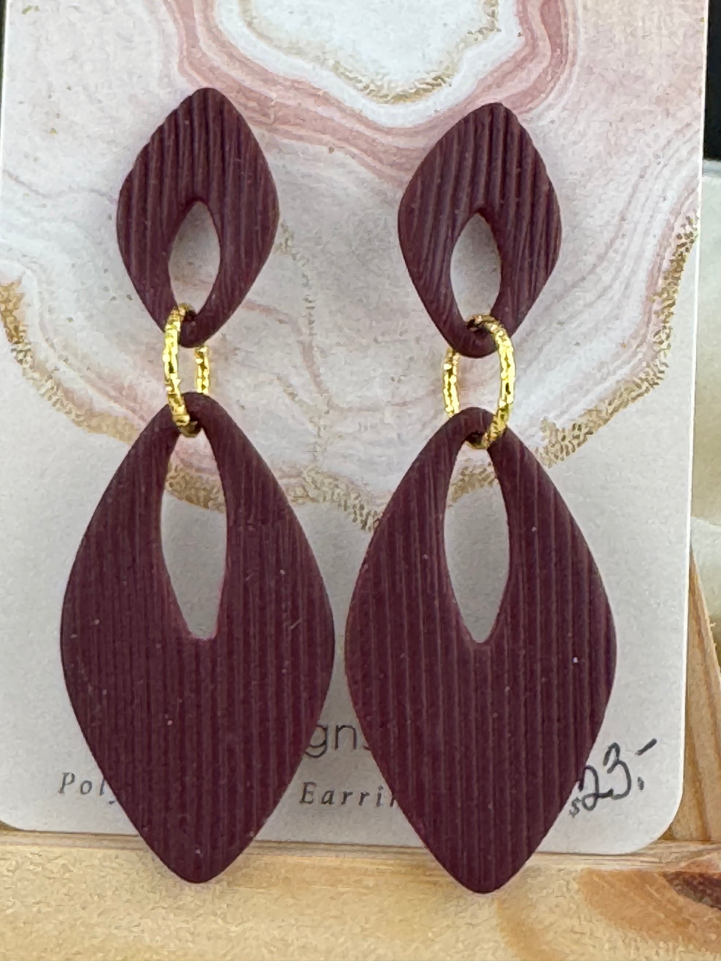 Maroon Teardrop Earrings-Gold Accents