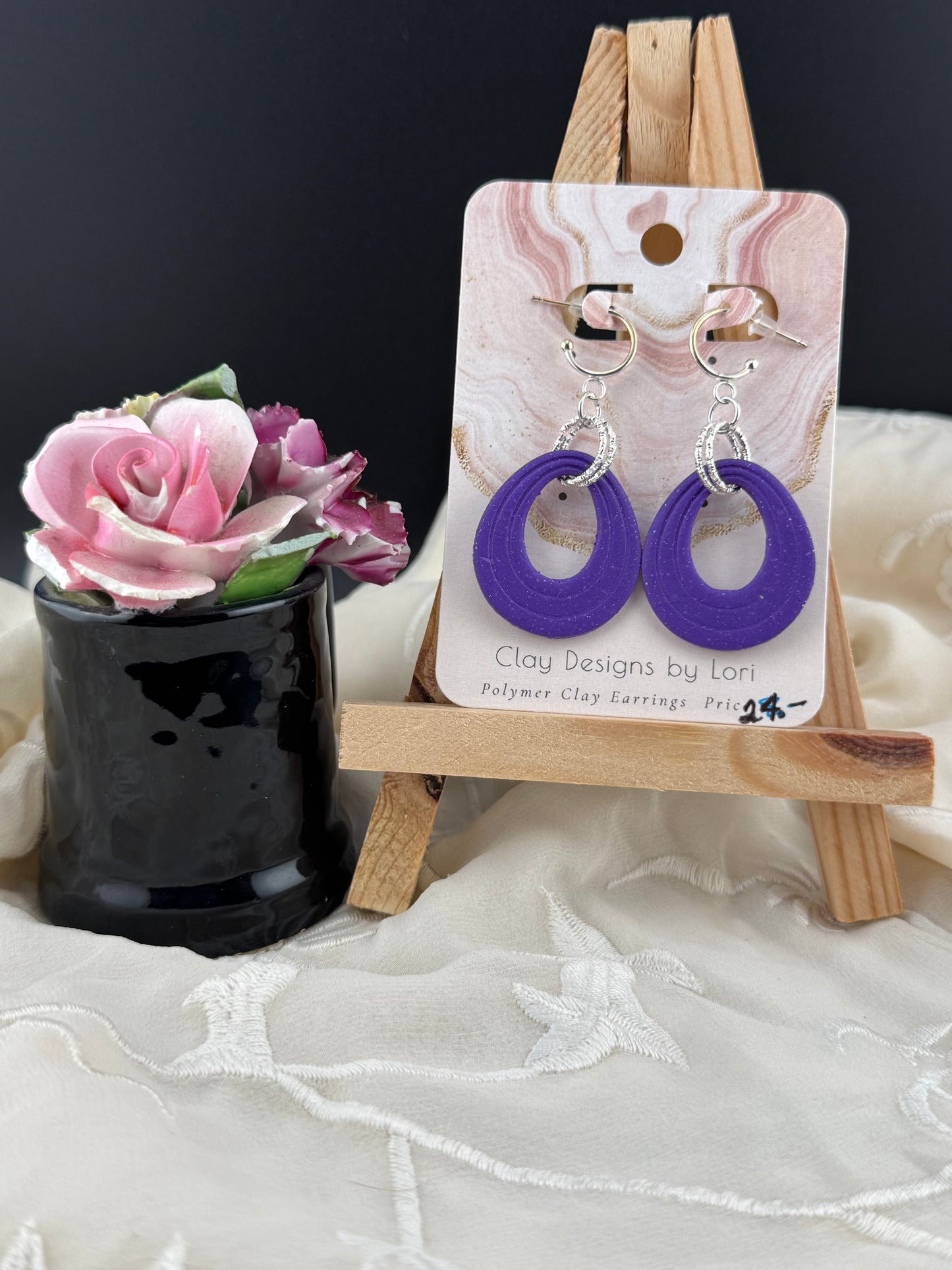 Purple Teardrop dangle Earrings with Silver Accents
