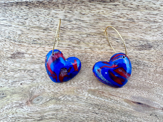 Patriotic Marble Heart Hoop Earrings